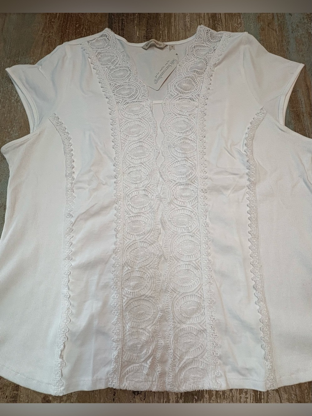 Soft Surroundings White Lace-Front Cap Sleeve Top